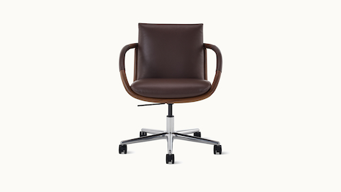 Front view of Full Loop office chair in Leather and Walnut with five-star base on casters.