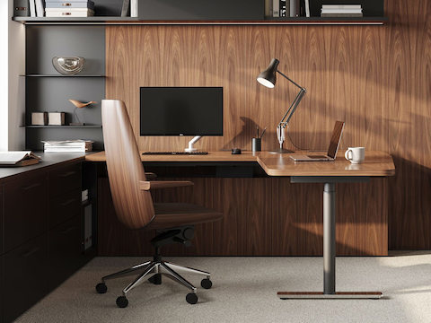 Geiger One Private Office in Natural Walnut with Clamshell Chair.