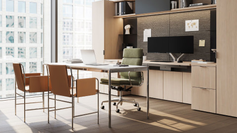 Geiger One Private Office in RecoGrain Frosty Ash with Eames Soft Pad and Envelope guest chairs. Geiger One Private Office in RecoGrain Frosty Ash with Eames Soft Pad and Envelope guest chairs.