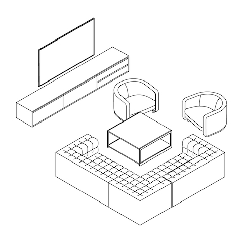 A line drawing - Floating Credenza + Lounge Seating