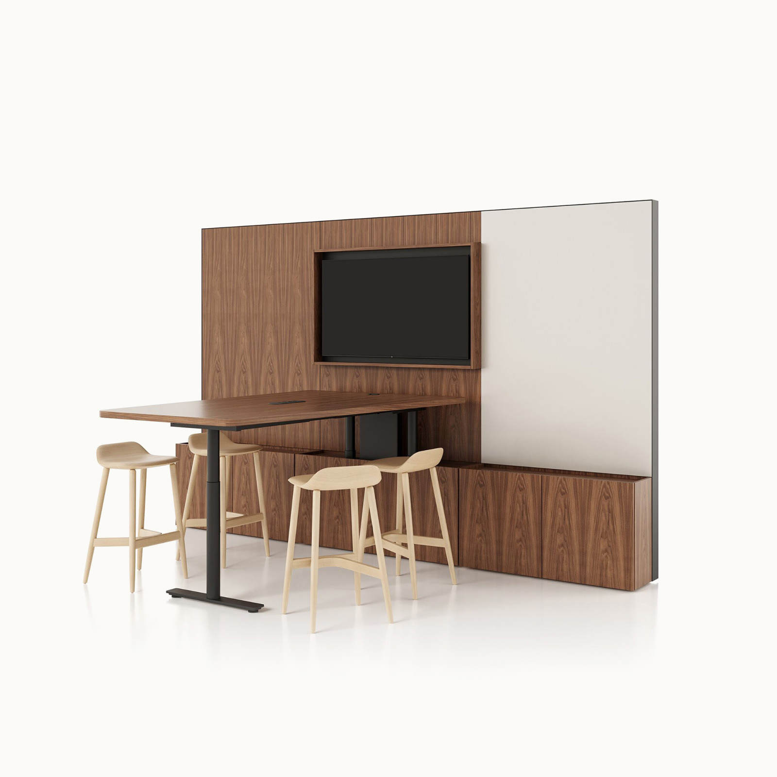 Geiger One Meeting and Huddle Room in Natural Walnut with Crosshatch Stools.