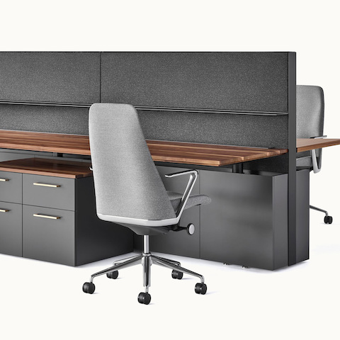 A four-pack bench system featuring Geiger One Casegoods and Taper Chairs. Select to go to the Geiger One Open Plan product page.