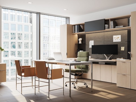Geiger One Private office, Rendering PO1, in RecoGrain Frosty Ash, with Domino Credenza, Eames Soft Pad and Envelope Guest Chairs.