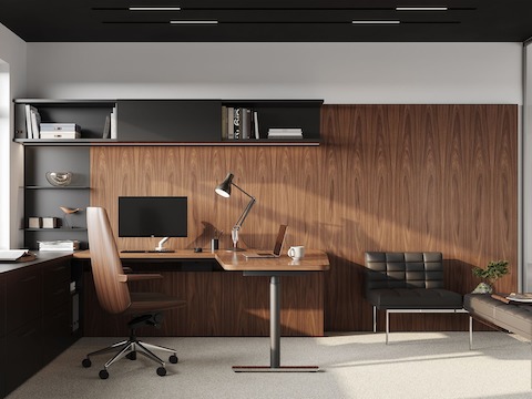 Geiger One Private Office, Rendering PO2, in Natural Walnut with Clamshell Chair and Tuxedo benching.