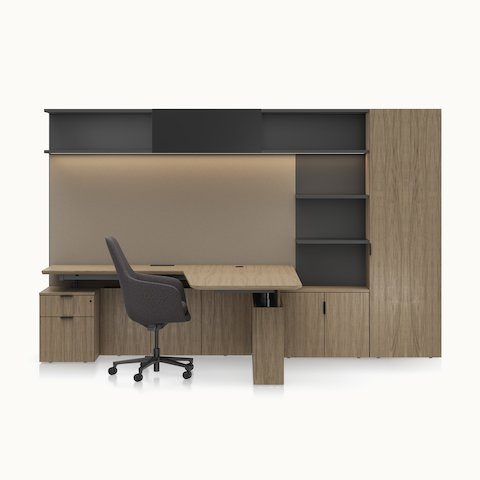 A Geiger One Private Office in Natural Flat Cut Walnut with a Saiba Office Chair viewed from the front. A Geiger One Private Office in Natural Flat Cut Walnut with a Saiba Office Chair viewed from the front.