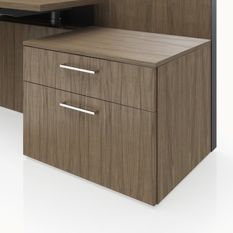 Detail shot of the Geiger One Casegoods storage with a Natural Flat Cut Walnut case and fronts.