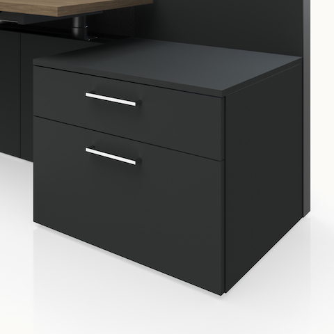 Detail shot of the Geiger One Casegoods storage with a Charcoal TFL case and fronts.