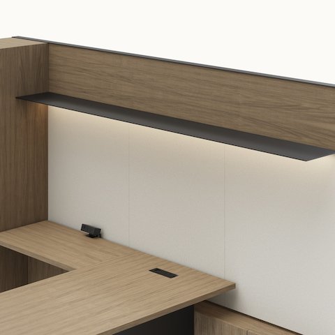 Detail shot of the Geiger One Casegoods metal shelf overhead option in a Natural Flat Cut Walnut private office viewed from an angle.