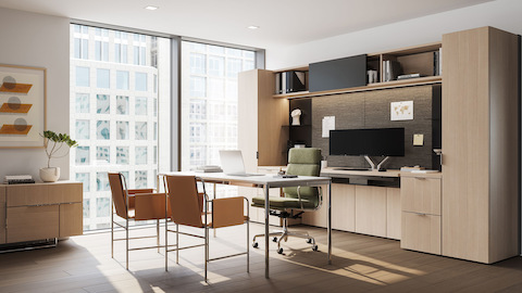 Geiger One Private office in RecoGrain Frosty Ask, with Domino Credenza, Eames Soft Pad and Envelope Guest Chairs.