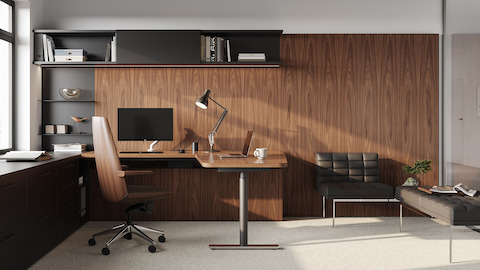 Geiger One Private Office in Natural Walnut with Clamshell Chair and Tuxedo benching.