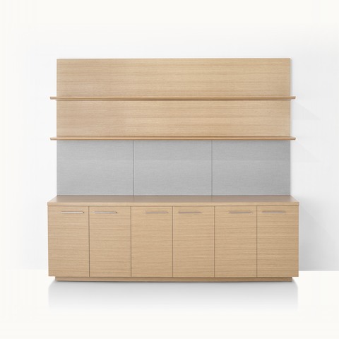 A Geiger Shelf System in a light rift oak finish, featuring six lower cabinets and two upper shelves.