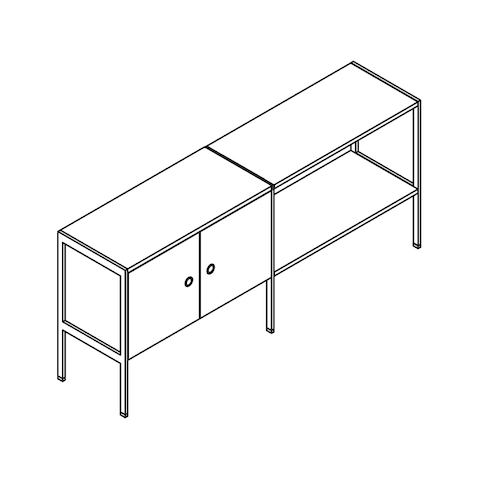 A dimensional line drawing of an H-Frame Storage Credenza.