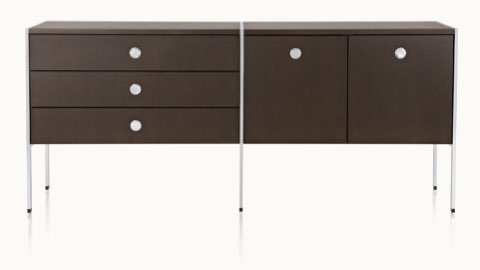 A two-unit H Frame Storage credenza with a dark wood finish and modules for box drawers and enclosed cabinets.