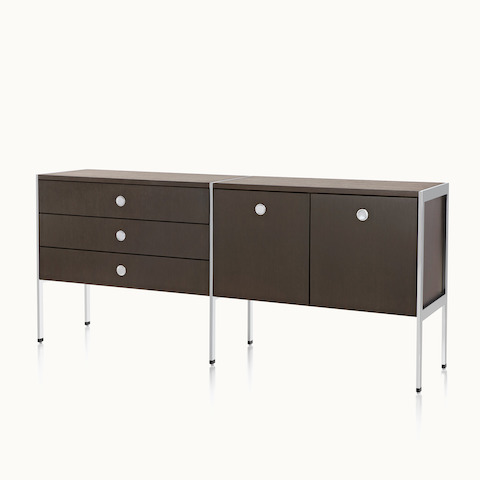 Angled view of a two-unit H Frame Storage credenza with a dark wood finish. Select to go to the H Frame Storage product page.