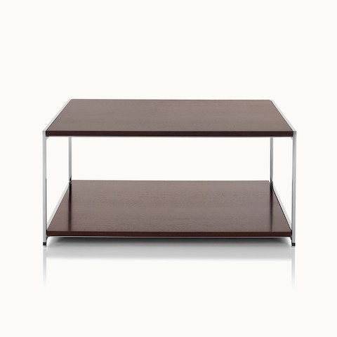 Front view of an H Frame coffee table with a wood top, showing the exposed geometric metal frame.