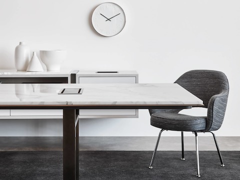 Highline Conference Table by DatesWeiser in a Conference Room Setting with Highline Credenza in background, detail view.