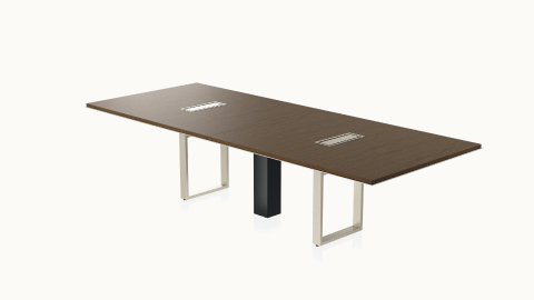 Highline Conference Table by DatesWeiser with Plain Sliced Grey Paldao top, tabletop technology, wire management column, angled view.