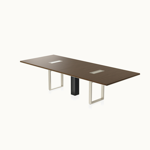 Highline Conference Table by DatesWeiser with Corian Glacier White top, Polished Chrome base, angled view.
