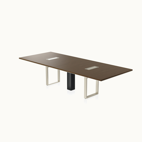 Highline Conference Table by DatesWeiser in Cashmere Flat Cut Walnut with Satin Nickel edge and base viewed from a 45 degree angle.