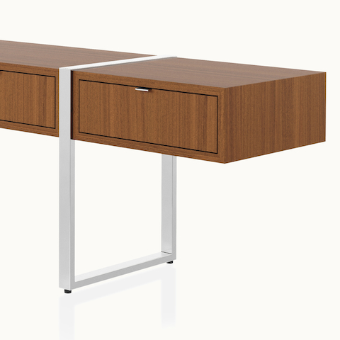 Highline Credenza by DatesWeiser in Natural Quarter Cut Walnut with Polished Chrome pull tabs and legs viewed from a 45 degree angle.