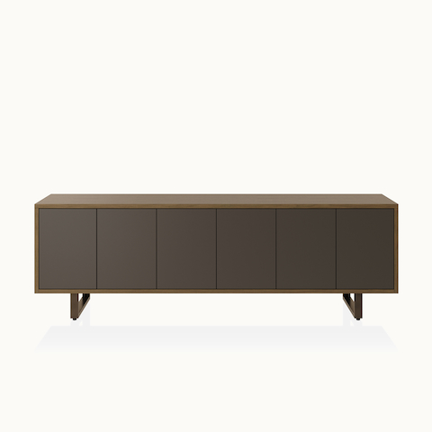 Highline 25 Credenza by DatesWeiser with Coco Polyester Case, Grey Paldao doors, Polished Chrome base and pulls, angled view. 
