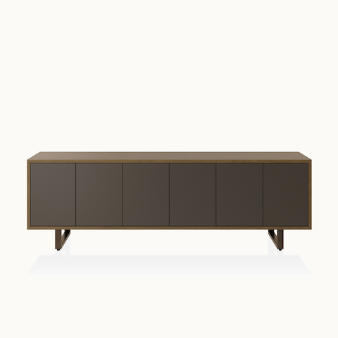 Highline 25 Credenza by DatesWeiser in Natural Flat Cut Walnut with Grey painted front and Oil Rubbed Bronze base viewed from the front.