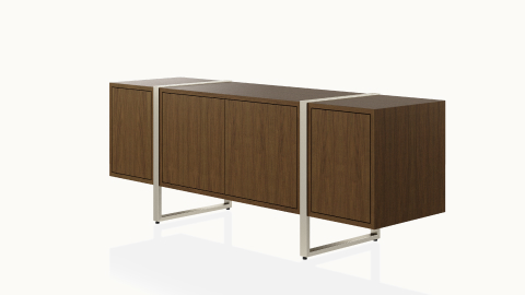 Highline Credenza by DatesWeiser in Rift Cut European White Oak with Gunmetal Grey Metal base, Oil Rubbed Bronze pulls, angled view.