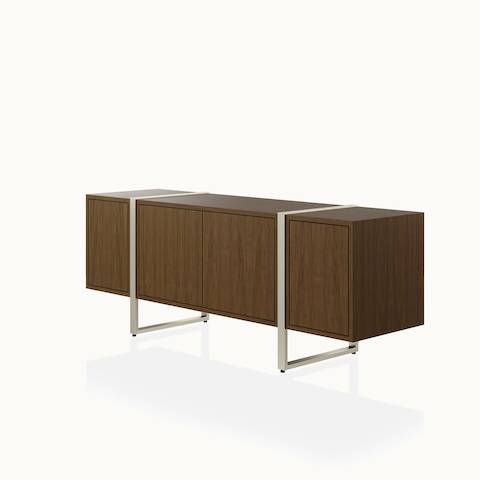 Highline Credenza by DatesWeiser in Natural Flat Cut Walnut with Satin Nickel Legs viewed from a 45 degree angle.