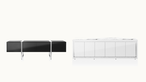 Highline Credenza by DatesWeiser in Black Polyester with Polished Chrome legs next to Highline Fifty Credenza by DatesWeiser in White Polyester with White Carrara Marble top viewed from the front.