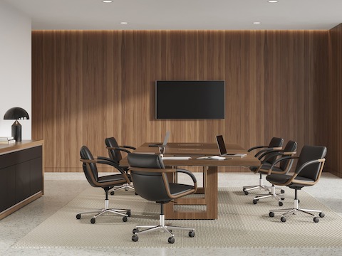 Highline 50 Conference Table by DatesWeiser in a Conference Room setting with Highline 25 Credenza.