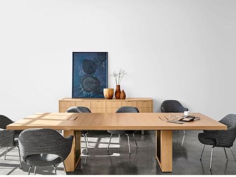Highline 50 Conference Table by DatesWeiser in a Conference Room setting with Highline 25 Credenza, angled view.