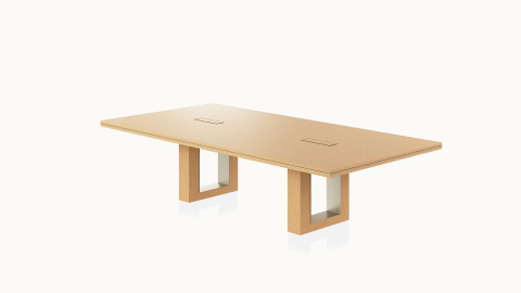 Highline 50 Conference Table by DatesWeiser in Rift Cut European White Oak with tabletop technology, angled view.