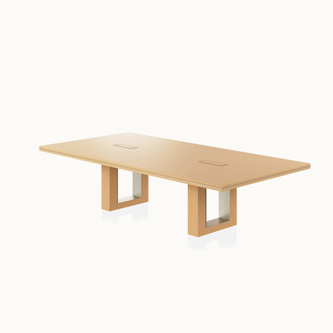 Rectangular Highline Fifty Conference Table by DatesWeiser in Natural Rift Cut Oak with a Satin Nickel edge and base trim viewed from a 45 degree angle.