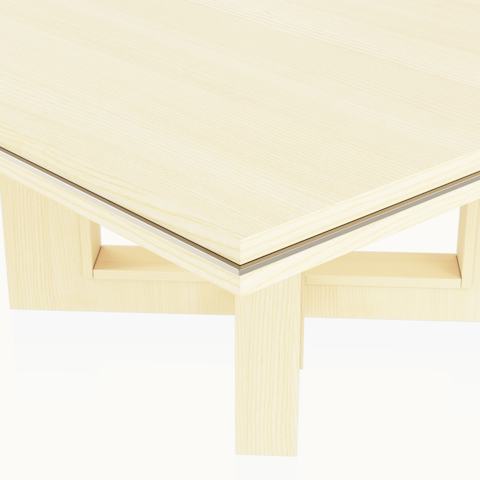 Edge detail shot of a square Highline Fifty Meeting Table by DatesWeiser in White Quarter Cut Ash and Satin Nickel details.