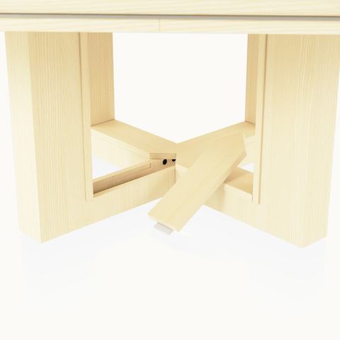 Detail shot of open view management leg on a square Highline Fifty Meeting Table by DatesWeiser in White Quarter Cut Ash and Satin Nickel details.