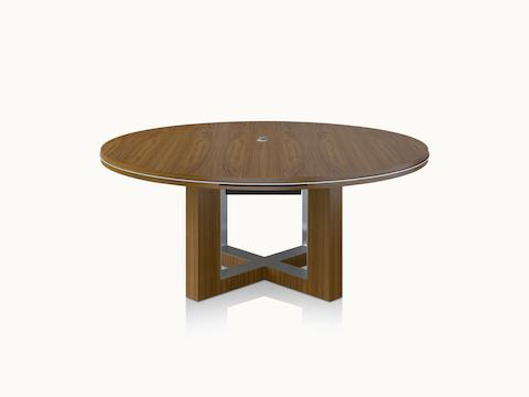 Circular Highline Fifty Meeting Table by DatesWeiser in Natural Quarter Cut Walnut with Polished Chrome details viewed from the front.