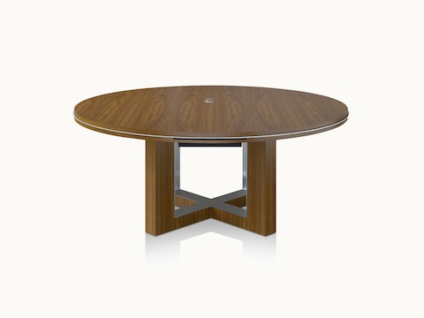 Highline 50 Meeting Table by DatesWeiser with Plain Sliced Walnut round top, subtop and base, mic holes and power drawer, front view.