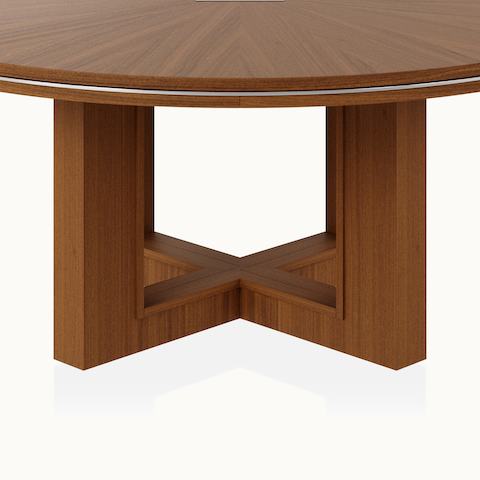 Circular Highline Fifty Meeting Table by DatesWeiser in Natural Quarter Cut Walnut with Polished Chrome details viewed from the front.