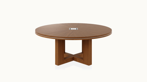 Highline 50 Meeting Table by DatesWeiser with Quartered Walnut round top, subtop, and base, power drawers, front view.