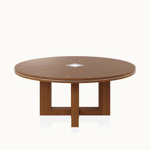 Circular Highline Fifty Meeting Table by DatesWeiser in Natural Quarter Cut Walnut with Polished Chrome details viewed from a 45 degree angle.