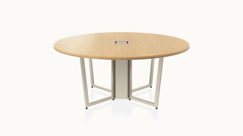 Highline Meeting Table by DatesWeiser with round Plain Sliced Grey Ceruse White Oak top, table top technology, front view.