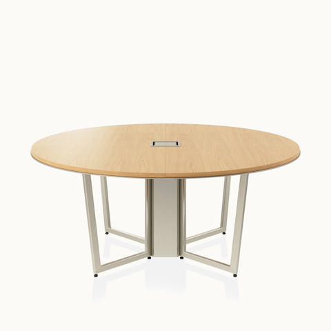 Circular Highline Meeting Table by DatesWeiser in Natural Flat Cut Oak with a Satin Nickel wire management base viewed from the front.