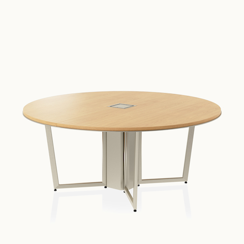 Circular Highline Meeting Table by DatesWeiser in Natural Flat Cut Oak with a Satin Nickel wire management base viewed from a 45 degree angle.