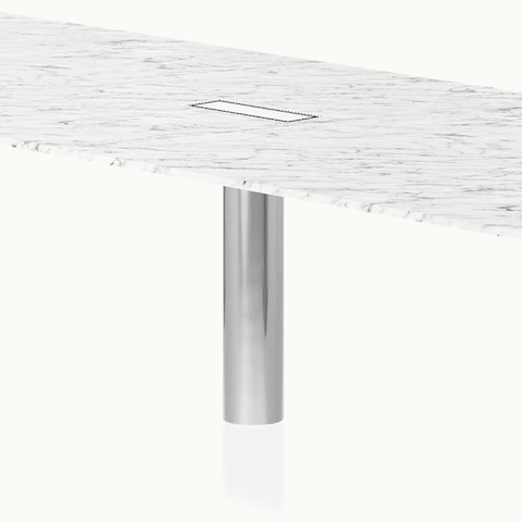 Detail shot of open base on Highline Vector Conference Table by DatesWeiser in Arabescato Corchia Marble with a Polished Chrome base.