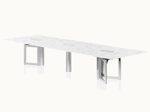 Highline Vector Conference Table by DatesWeiser in Arabescato Corchia Marble with a Polished Chrome base viewed from a 45 degree angle.