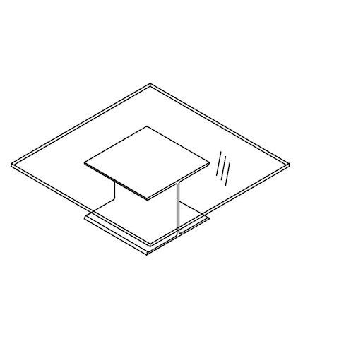 Line drawing of an I Beam coffee table with a square glass top, viewed from above at an angle.