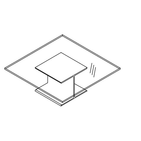 Line drawing of an I Beam coffee table with a square glass top, viewed from above at an angle.