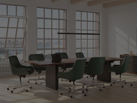 JD Conference Table and JD Credenza by DatesWeiser in Natural Walnut with Low Arm Bumper Chairs in Conference Room.