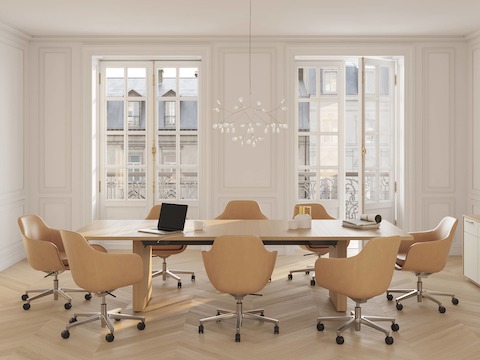 JD Conference Table and JD Credenza by DatesWeiser in White Oak with Saiba Chairs in Bristol Leather in Conference Room.