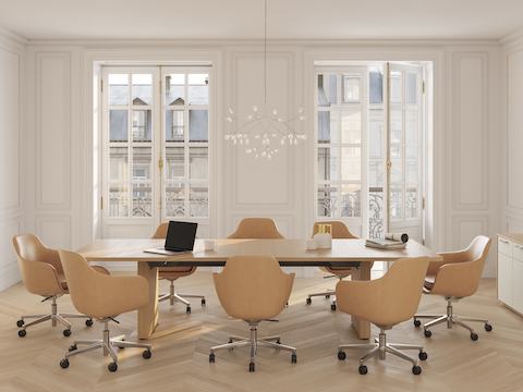 JD Conference Table and JD Credenza by DatesWeiser in White Oak with Saiba Chairs in Bristol Leather in Conference Room.